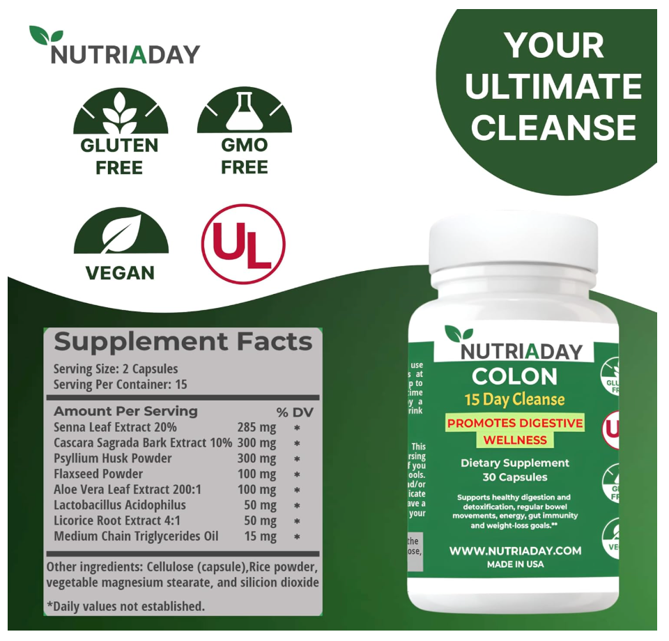 Colon 15 Day Cleanse - Advanced Colon Cleanse for Women & Men with Cascara Sagrada, Psyllium Husk, Senna Leaf & Probiotics - Detox Bloating & Constipation Relief - Non-GMO, 30 Veg Capsule
